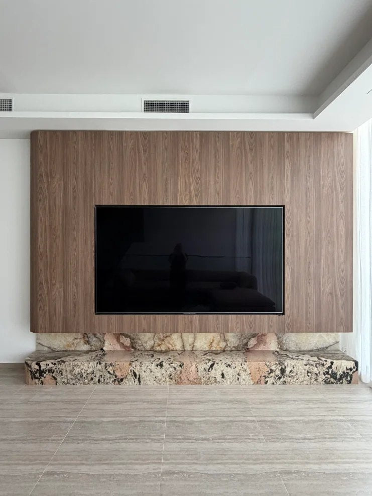 Finished marble media wall installation
